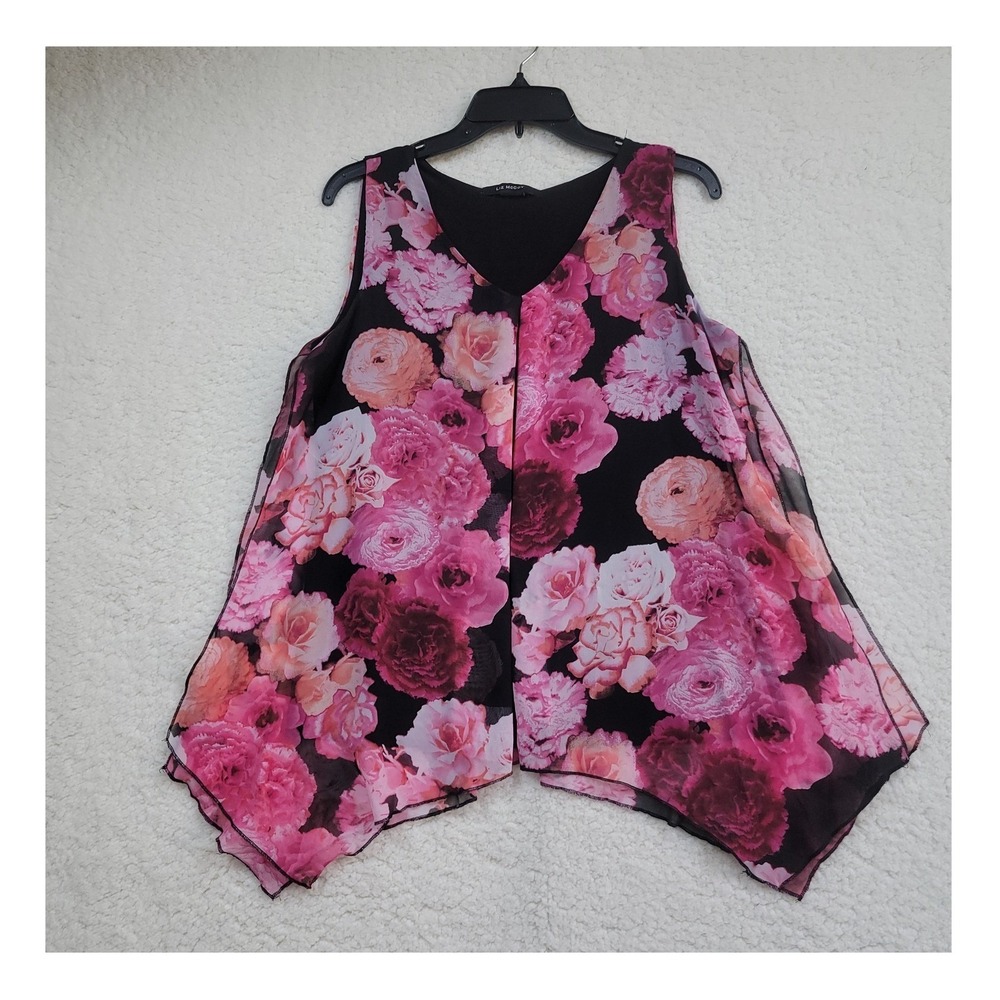 Liz McCoy Floral Sleeveless Top Women M Pink Black Sharkbite Hem Chiffon Overlay - Picture 2 of 8